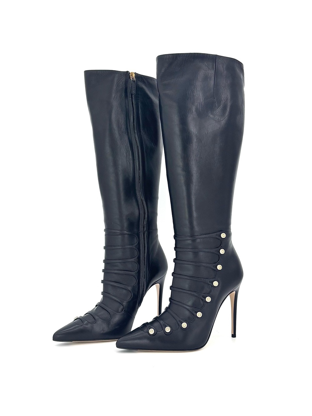 Gucci Aneta GG Button Black Leather Pointed Toe Knee High Boots 37